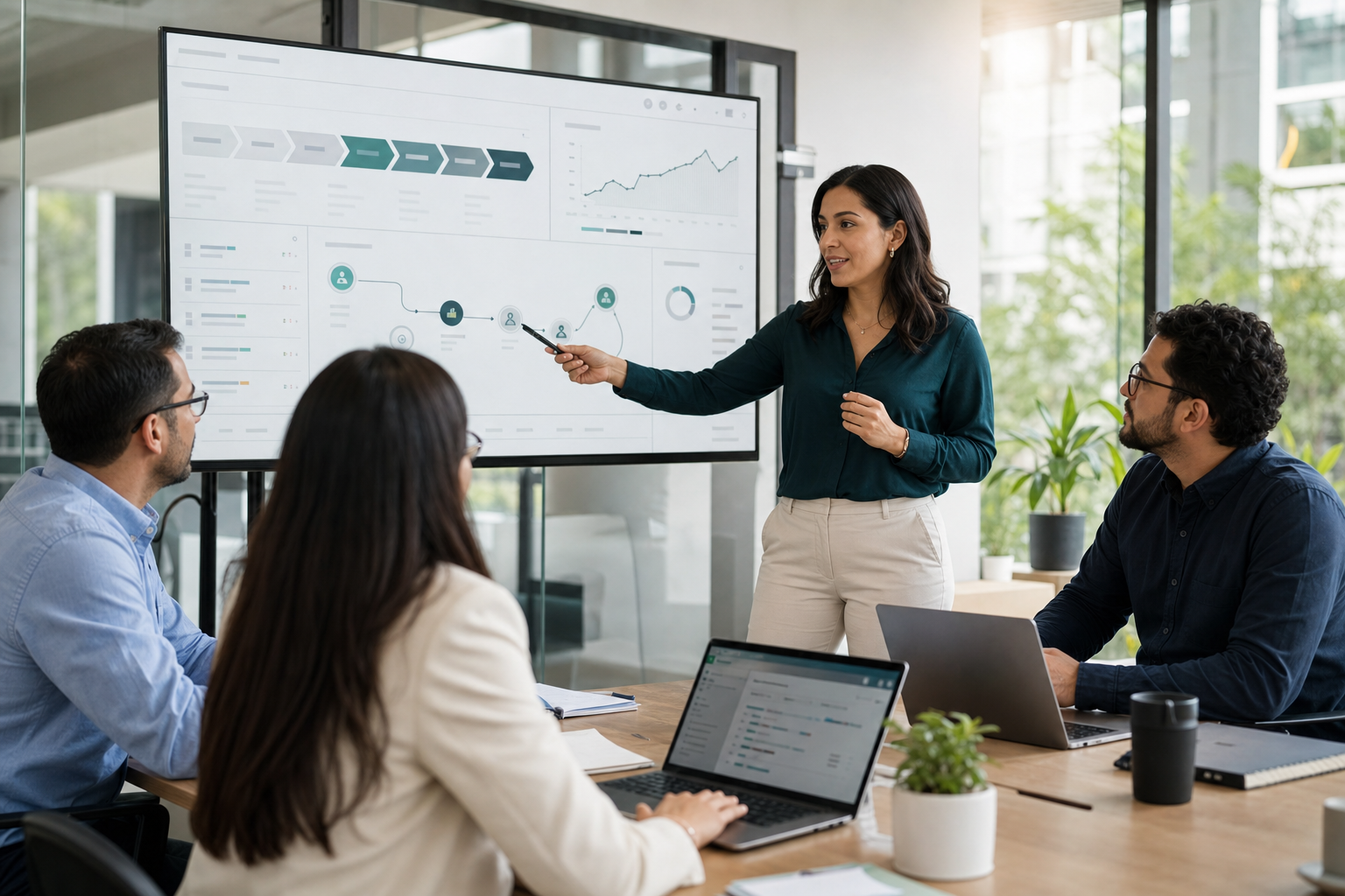 Equipo latinoamericano revisando una estrategia de experiencia de cliente, CRM y automatización