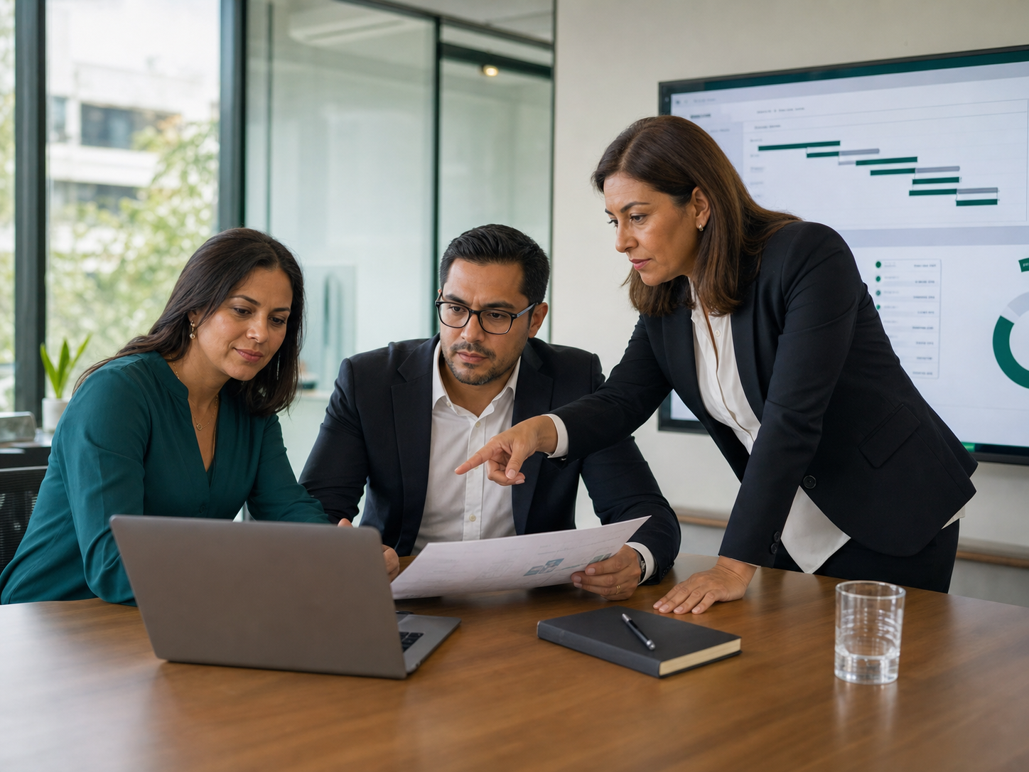 Equipo de servicios profesionales revisando propuestas y cuentas de clientes