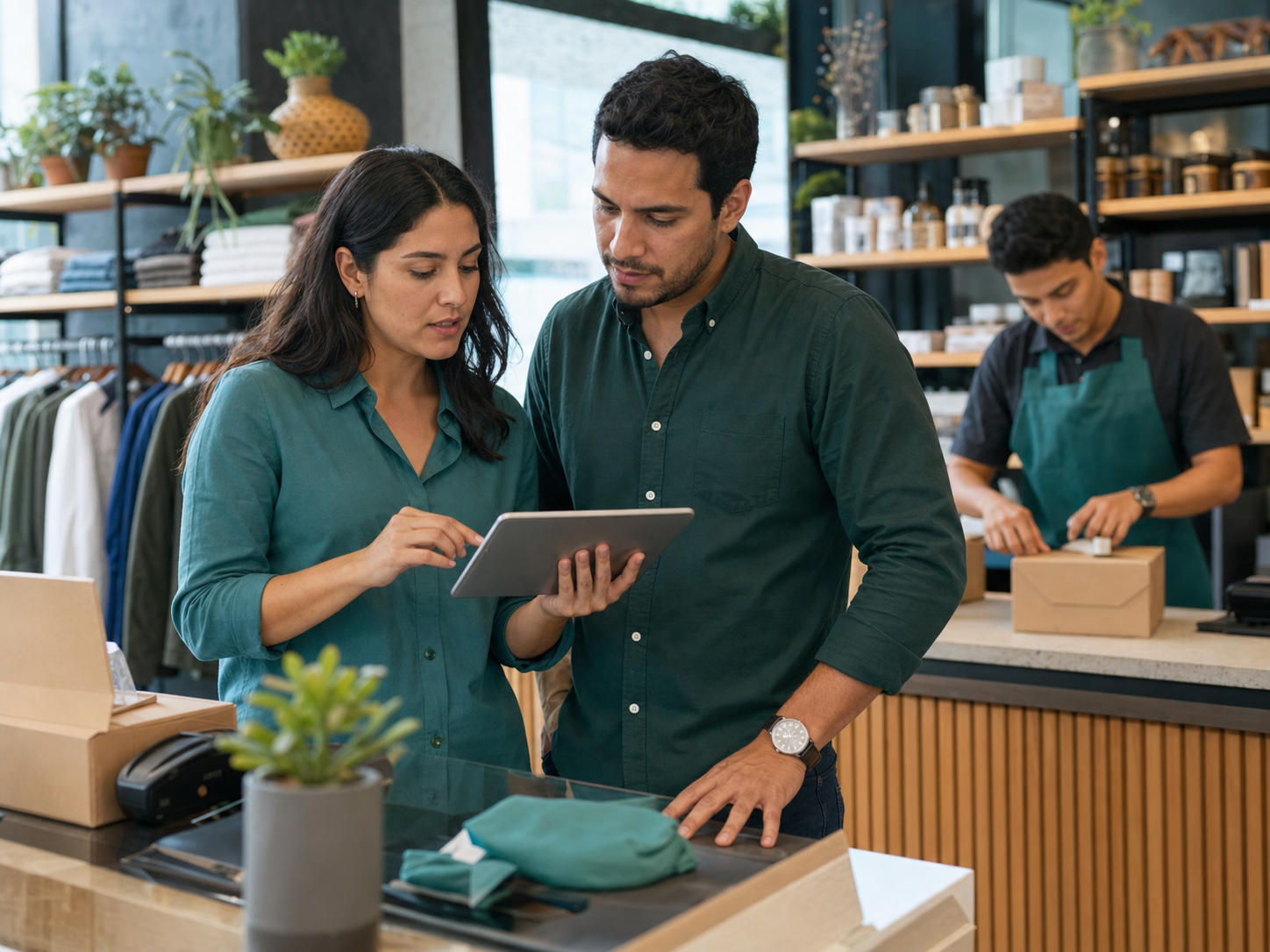 Equipo de retail coordinando pedidos digitales y atención posventa desde una tablet